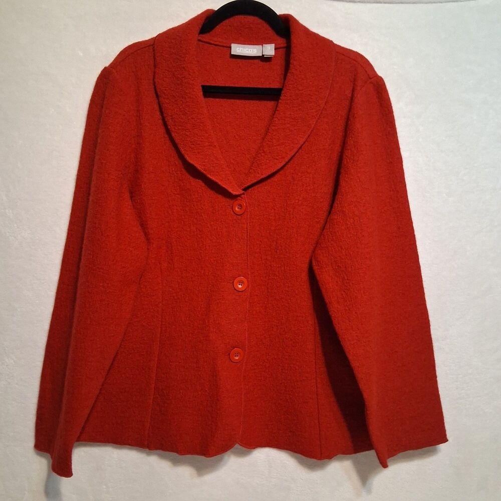 Chicos 3 (XL) Sweater Blazer Red Wool 3 Button Shawl Collar Career Old Money